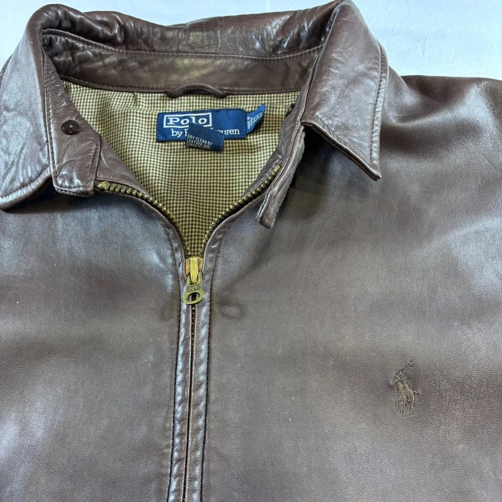 Polo Ralph Lauren Mens XXL Brown Leather Harrington Jacket Houndstooth Lining